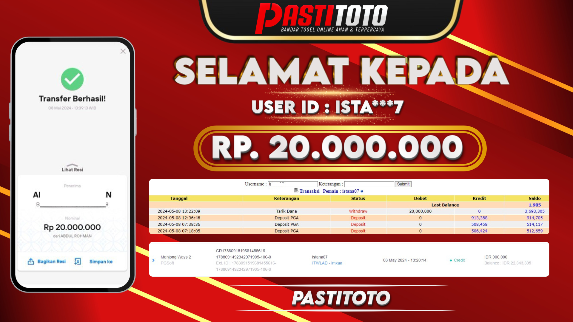 PASTITOTO JACKPOT SLOT GAME RP. 20.000.000,- LUNAS