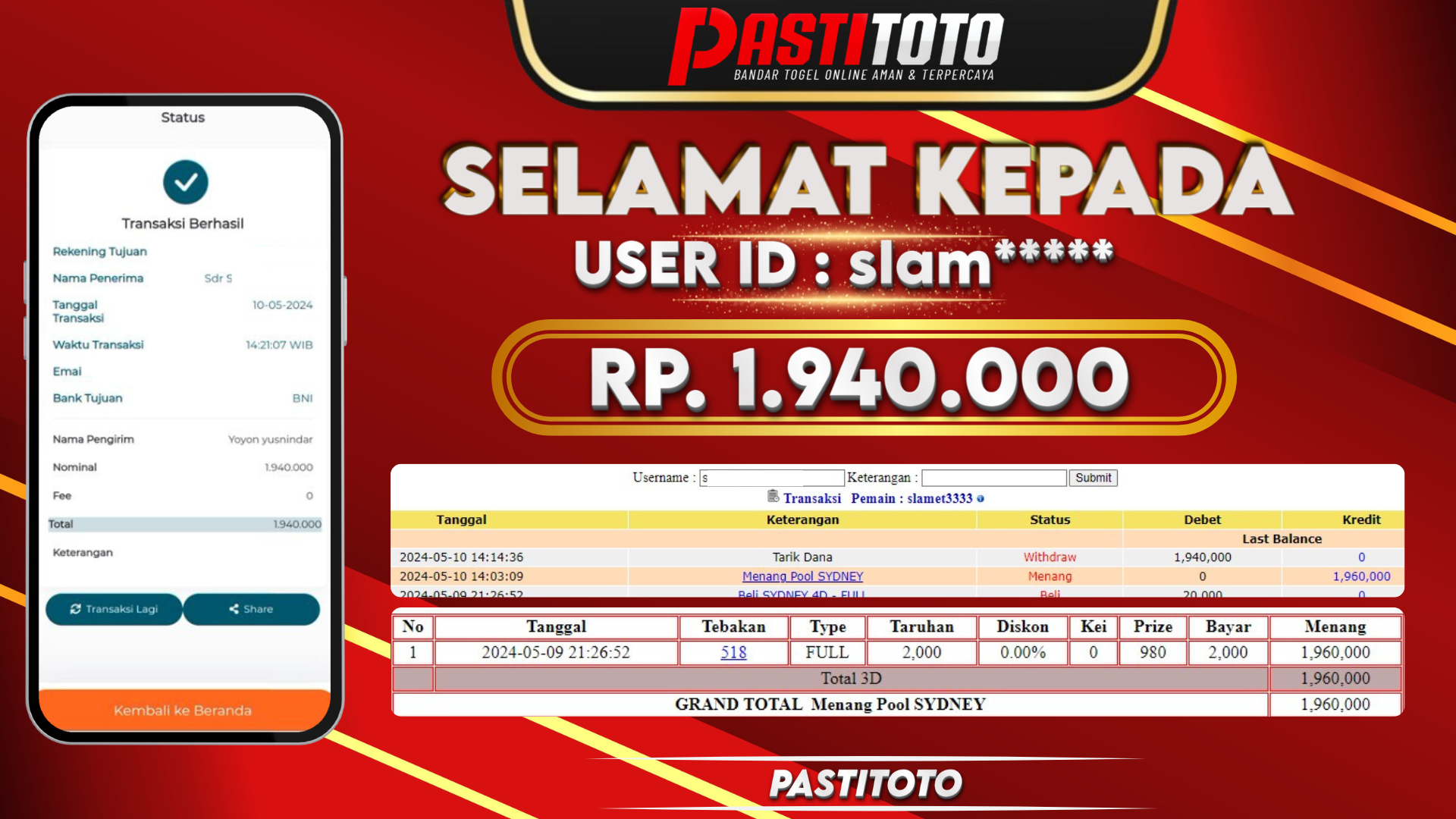 PASTITOTO JACKPOT TOGEL SYDNEY RP. 1.940.000,- LUNAS