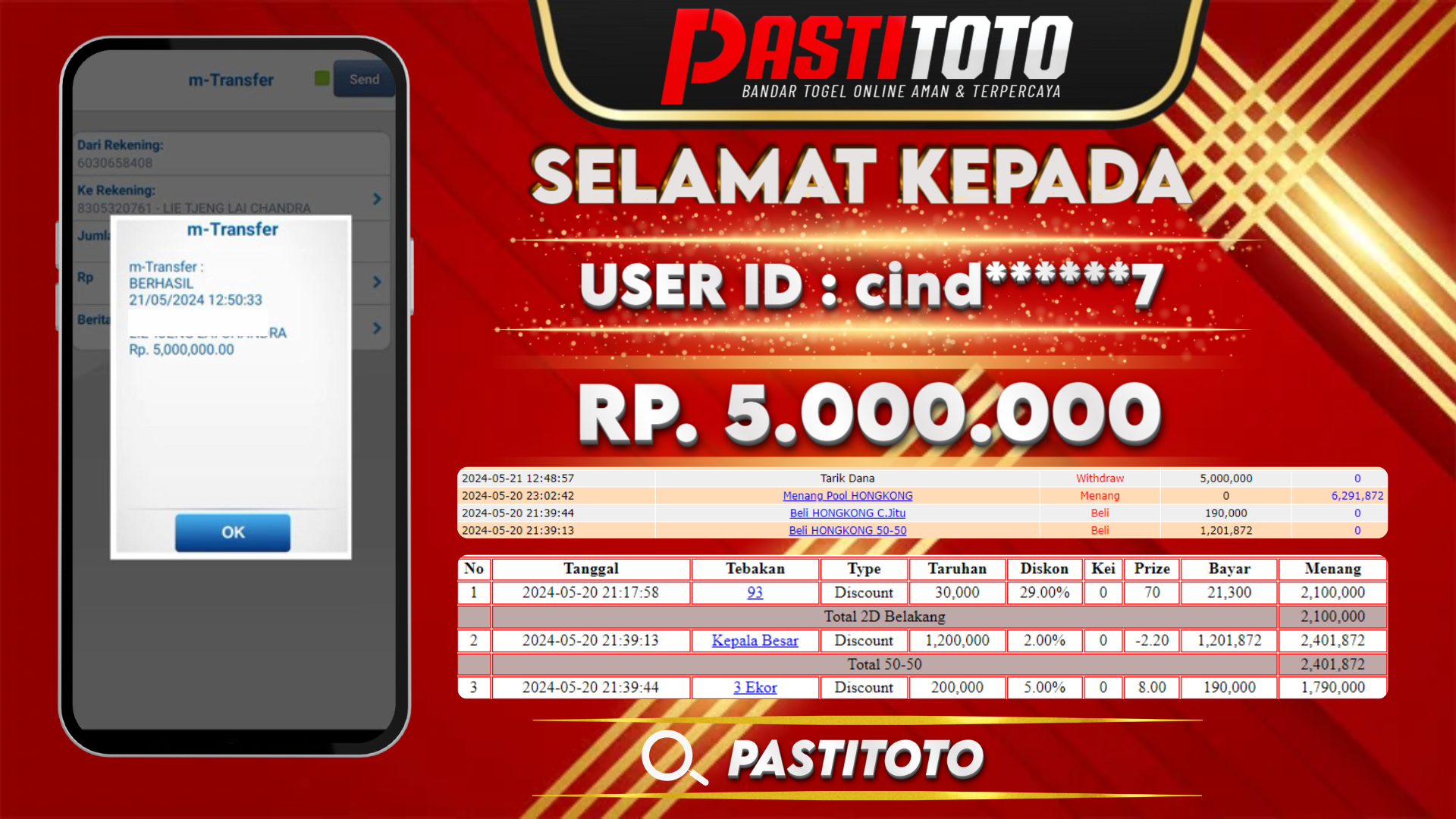 PASTITOTO JACKPOT TOGEL HONGKONG RP. 5.000.000,- LUNAS