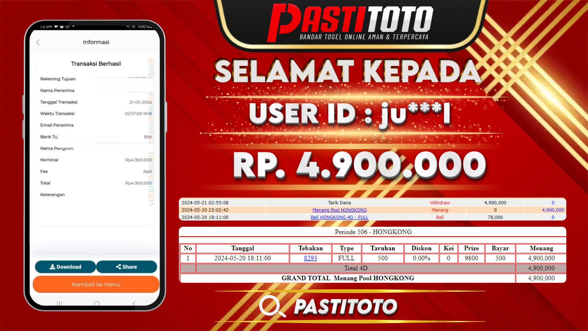 PASTITOTO JACKPOT TOGEL HONGKONG RP. 4.900.000,- LUNAS