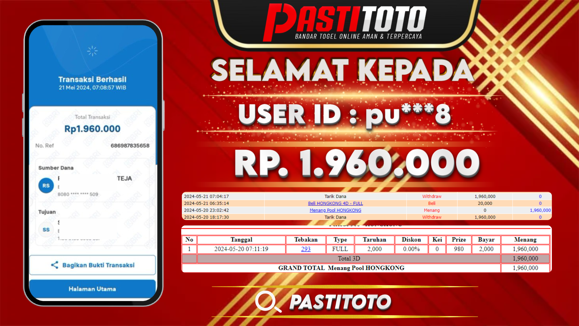 PASTITOTO JACKPOT TOGEL HONGKONG RP. 1.960.000,- LUNAS
