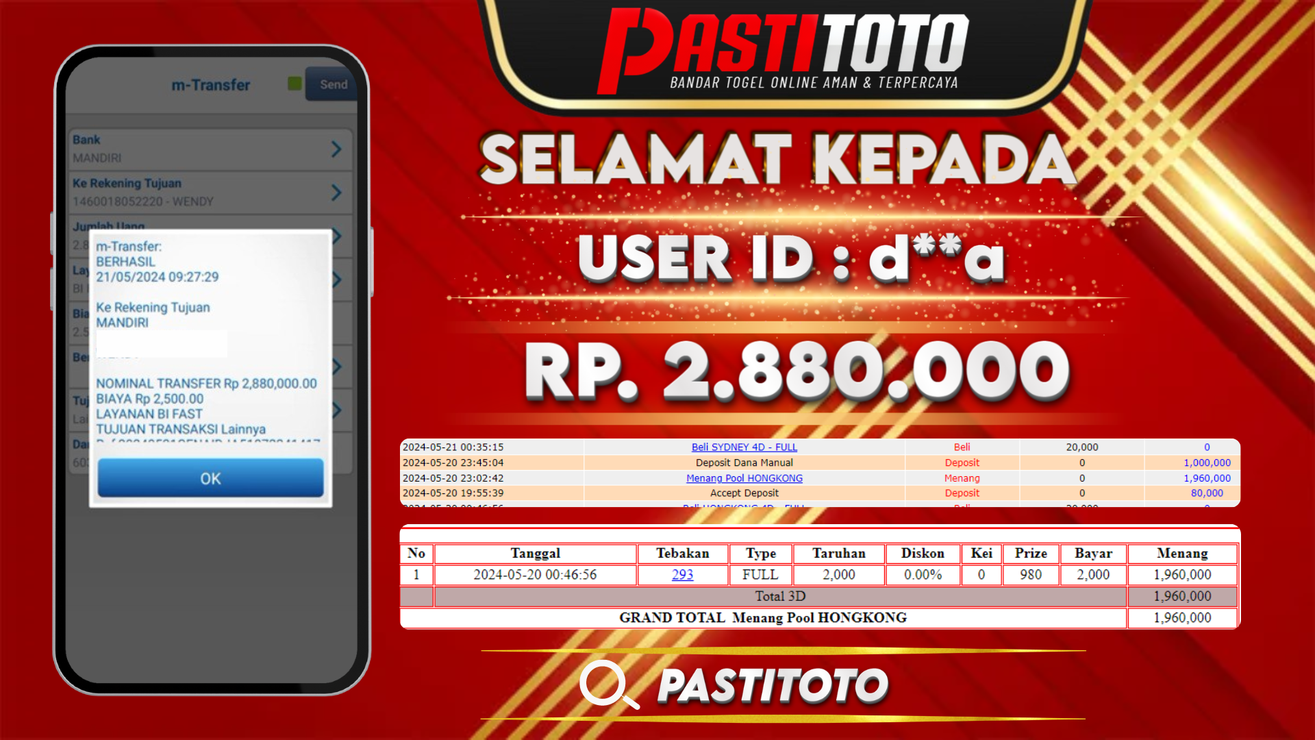 PASTITOTO JACKPOT TOGEL HONGKONG RP. 2.880.000,- LUNAS