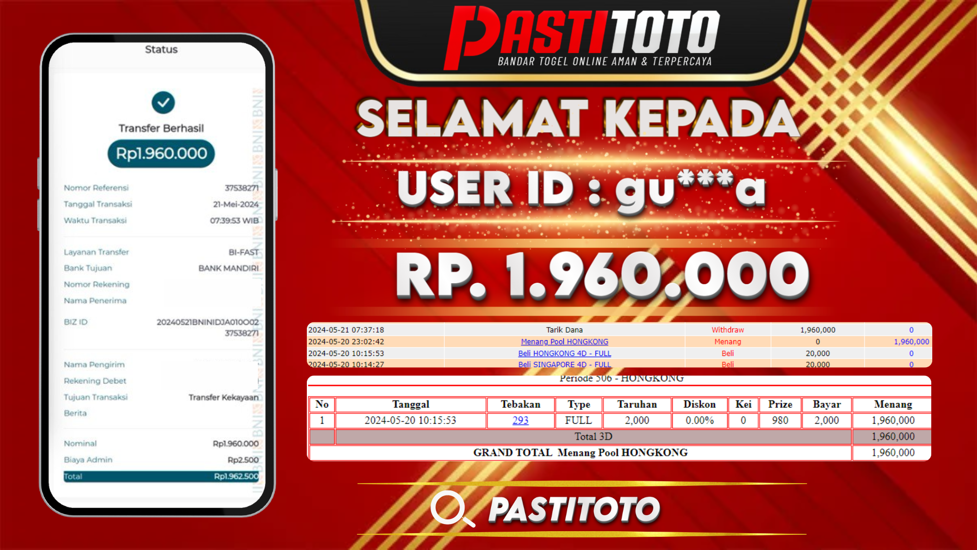 PASTITOTO JACKPOT TOGEL HONGKONG RP. 1.960.000,- LUNAS