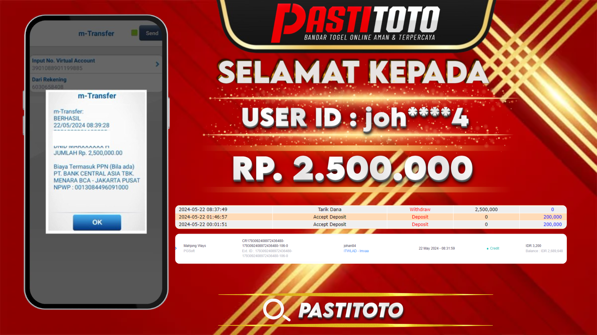PASTITOTO JACKPOT SLOT GAME RP. 2.500.000,- LUNAS