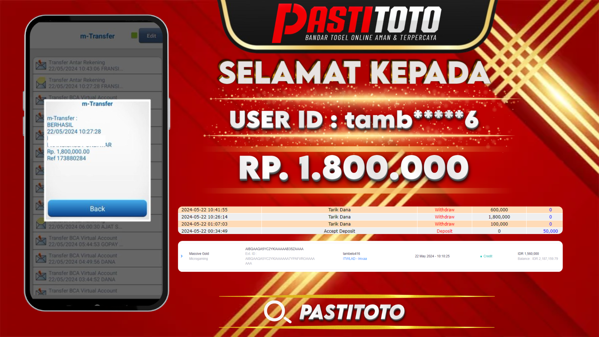 PASTITOTO JACKPOT SLOT GAME RP. 1.800.000,- LUNAS