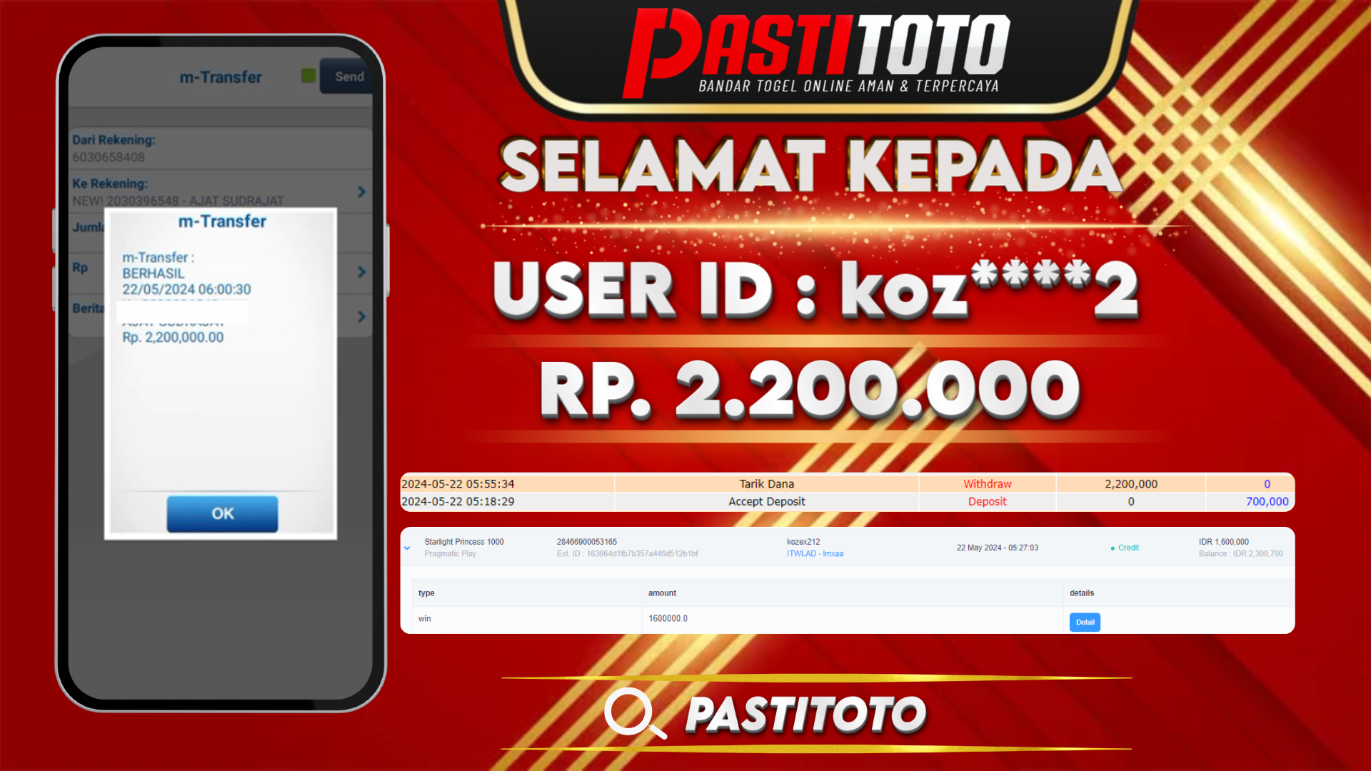 PASTITOTO JACKPOT SLOT GAME RP. 2.200.000,- LUNAS