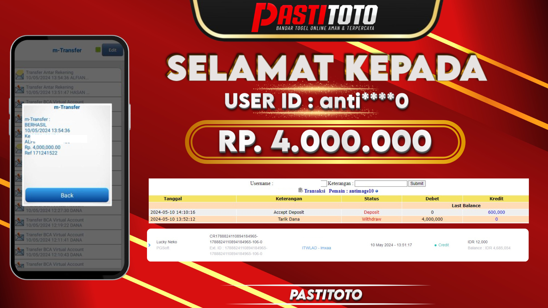 PASTITOTO JACKPOT SLOT GAME RP. 4.000.000,- LUNAS