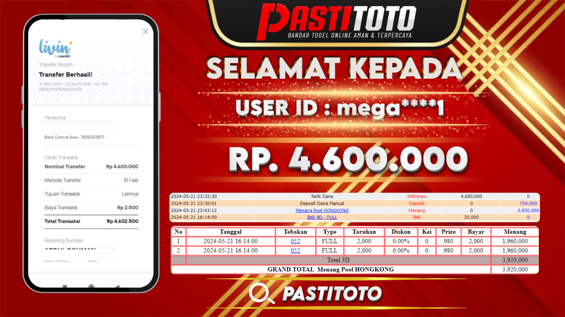 PASTITOTO JACKPOT TOGEL HONGKONG RP. 4.600.000,- LUNAS