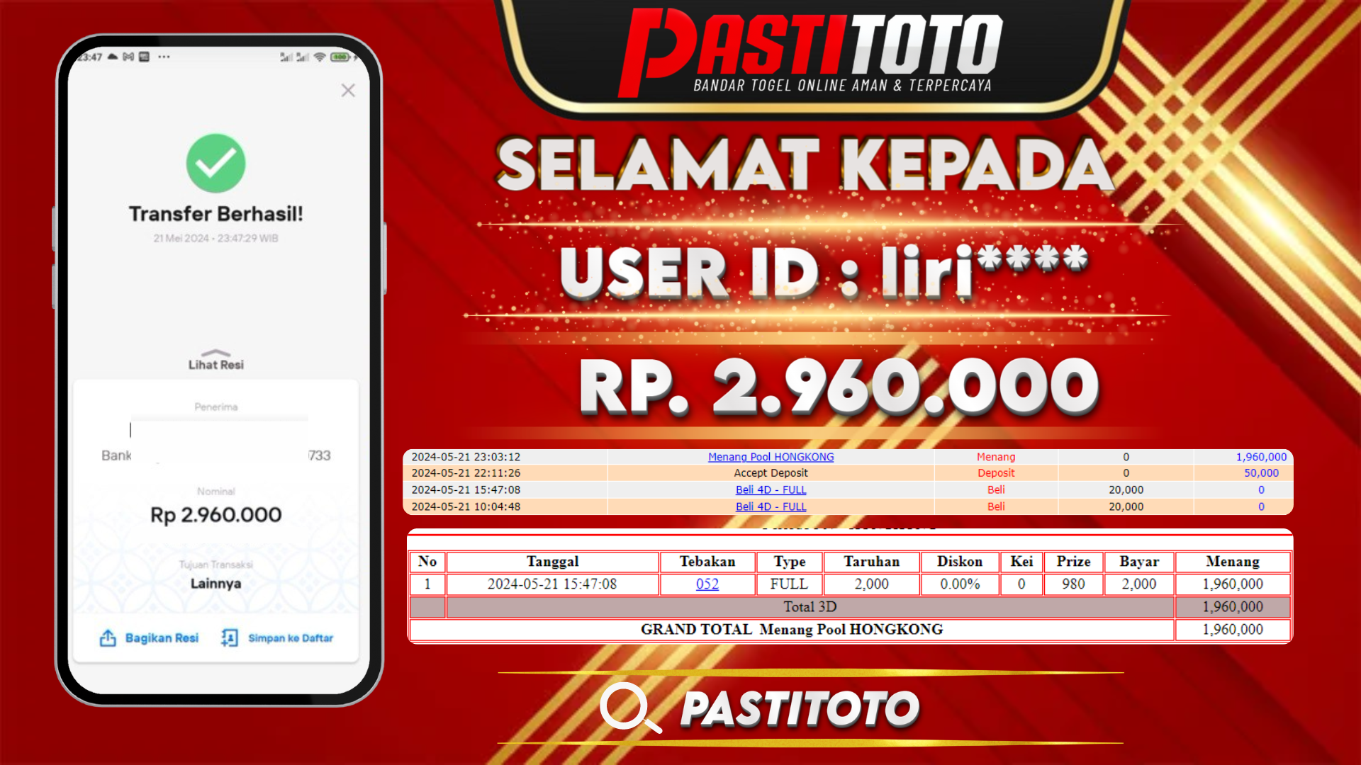 PASTITOTO JACKPOT TOGEL HONGKONG RP. 2.960.000,- LUNAS