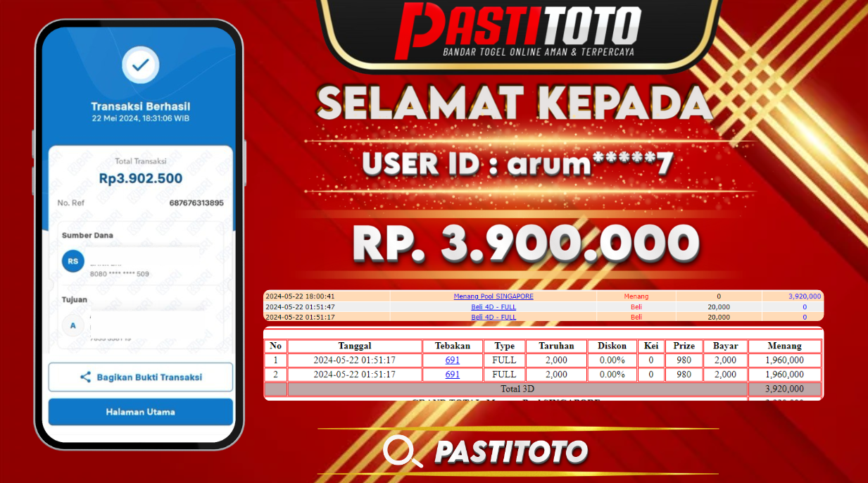 PASTITOTO JACKPOT TOGEL SINGAPORE RP. 3.900.000,- LUNAS