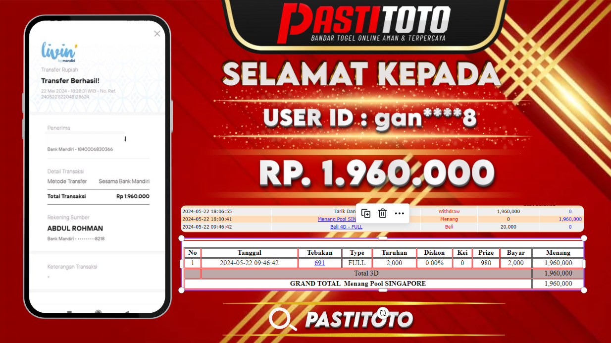 PASTITOTO JACKPOT TOGEL SINGAPORE RP. 1.960.000,- LUNAS