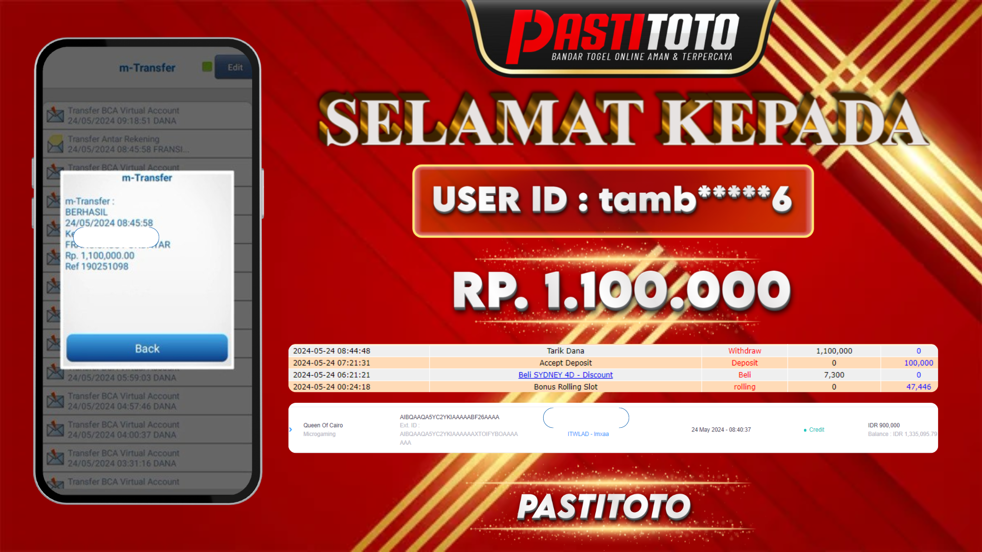 PASTITOTO JACKPOT SLOT GAME RP. 1.100.000,- LUNAS