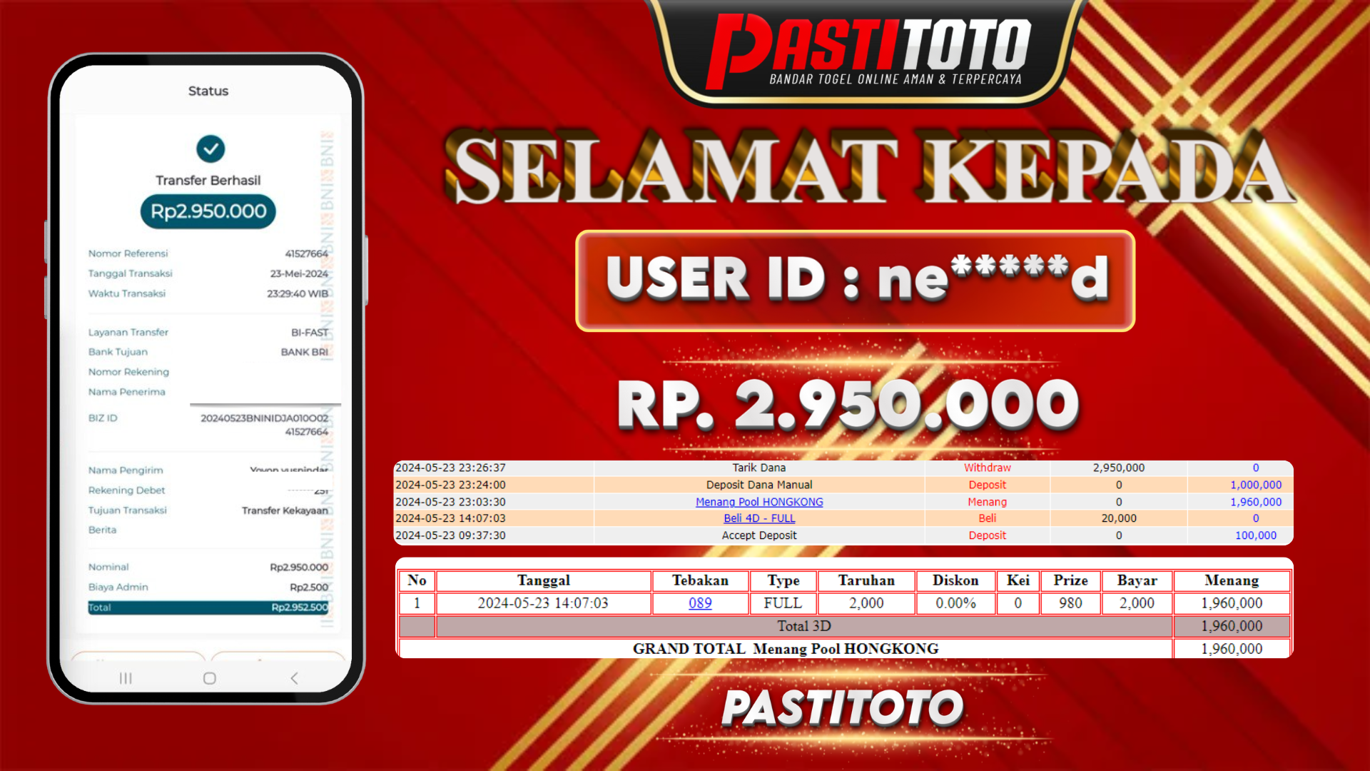 PASTITOTO JACKPOT TOGEL HONGKONG RP. 2.950.000,- LUNAS