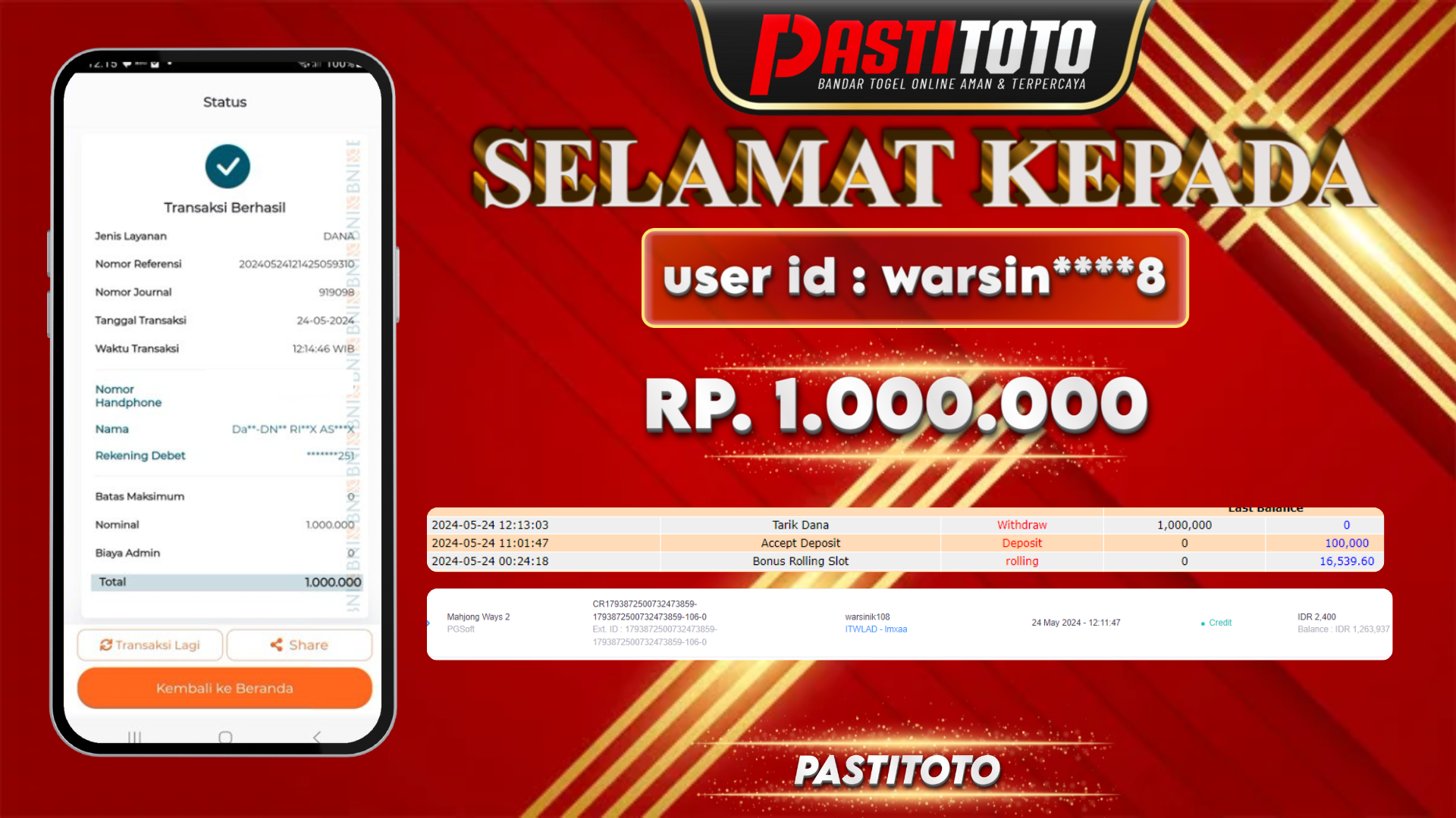 PASTITOTO JACKPOT SLOT GAME RP. 1.100.000,- LUNAS