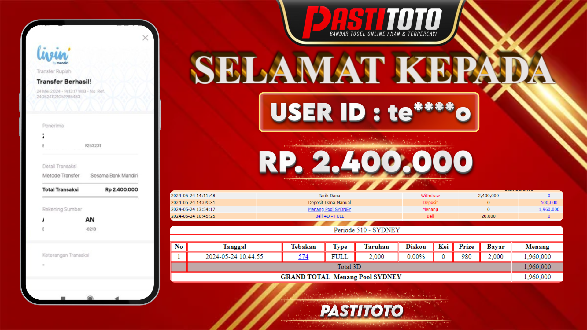 PASTITOTO JACKPOT TOGEL SYDNEY RP. 2.400.000,- LUNAS