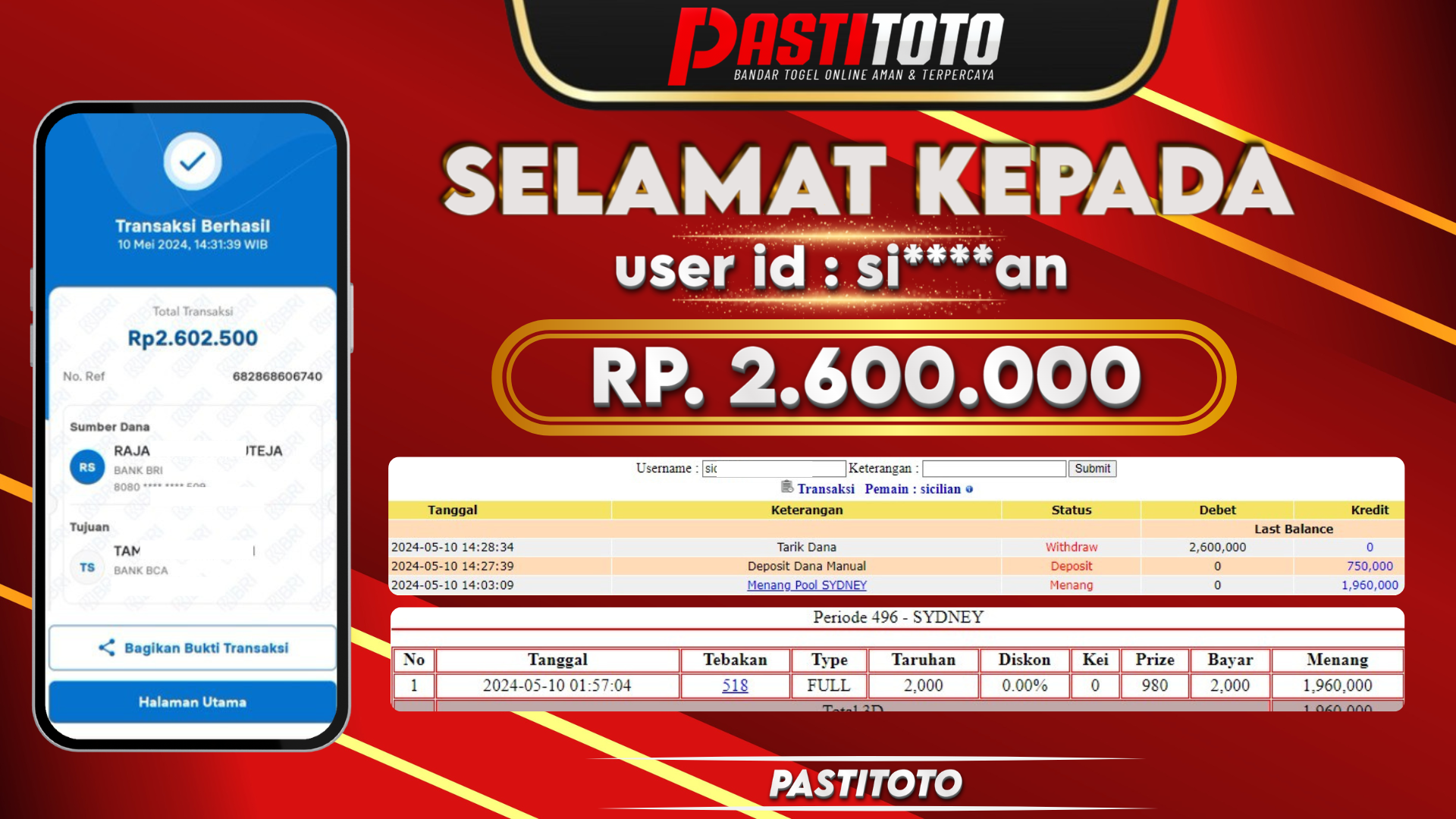 PASTITOTO JACKPOT TOGEL SYDNEY RP. 2.600.000,- LUNAS
