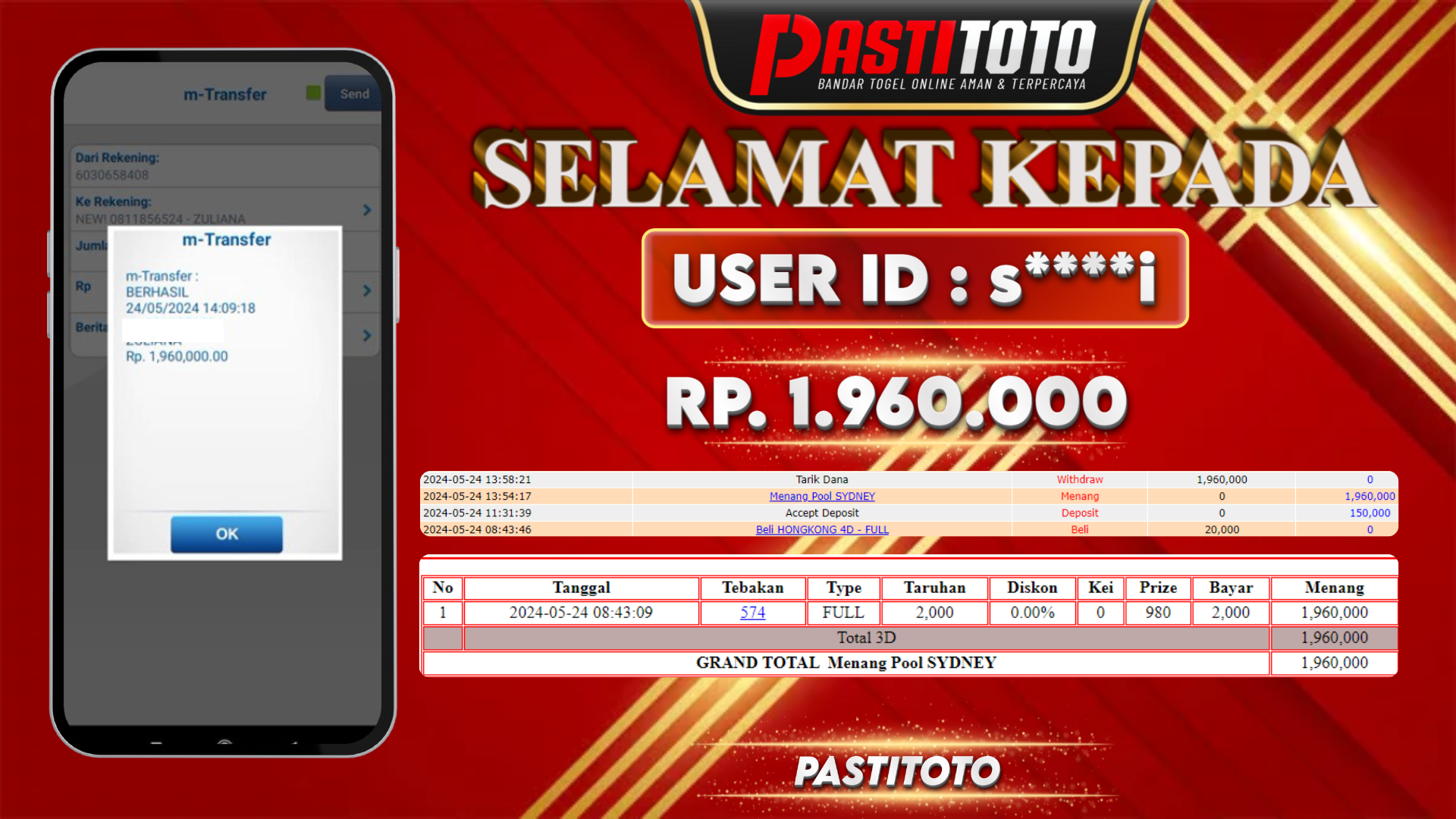 PASTITOTO JACKPOT TOGEL SYDNEY RP. 1.960.000,- LUNAS