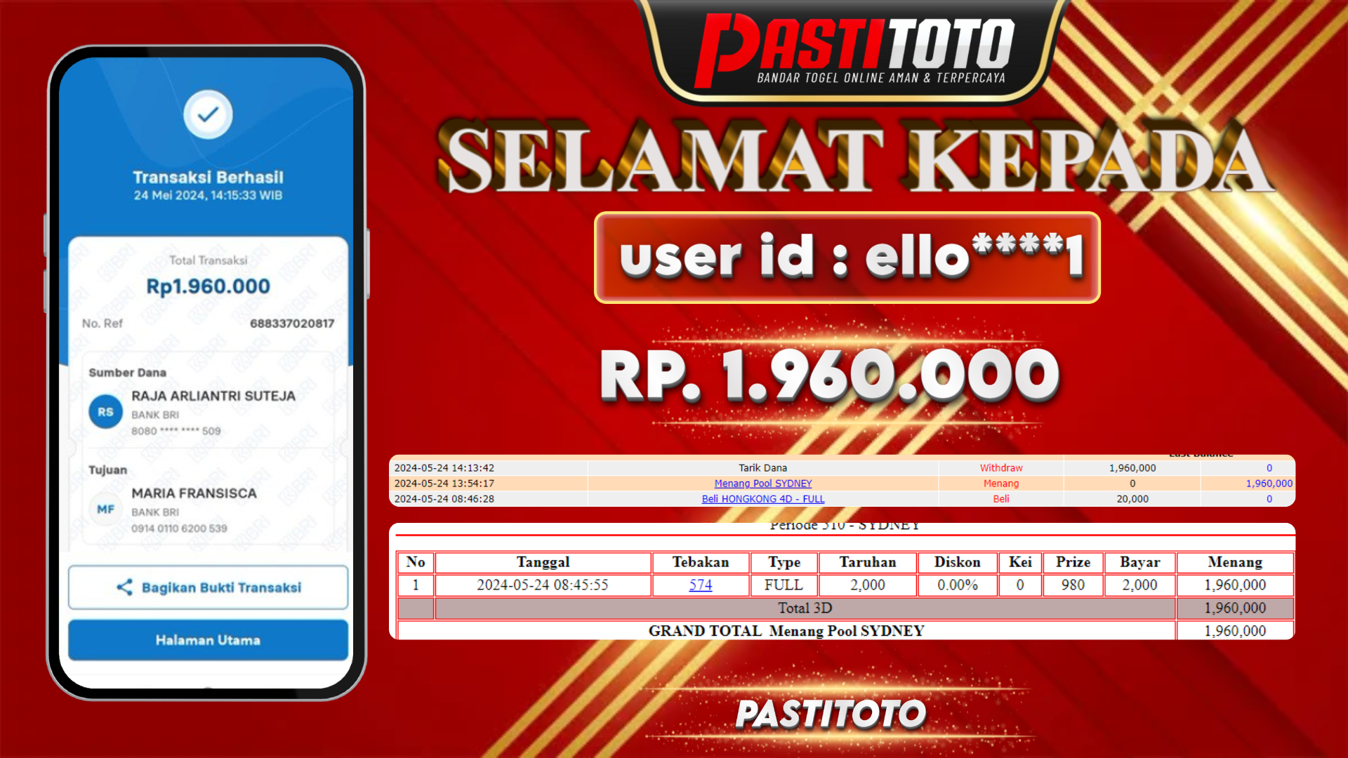 PASTITOTO JACKPOT TOGEL SYDNEY RP. 1.960.000,- LUNAS