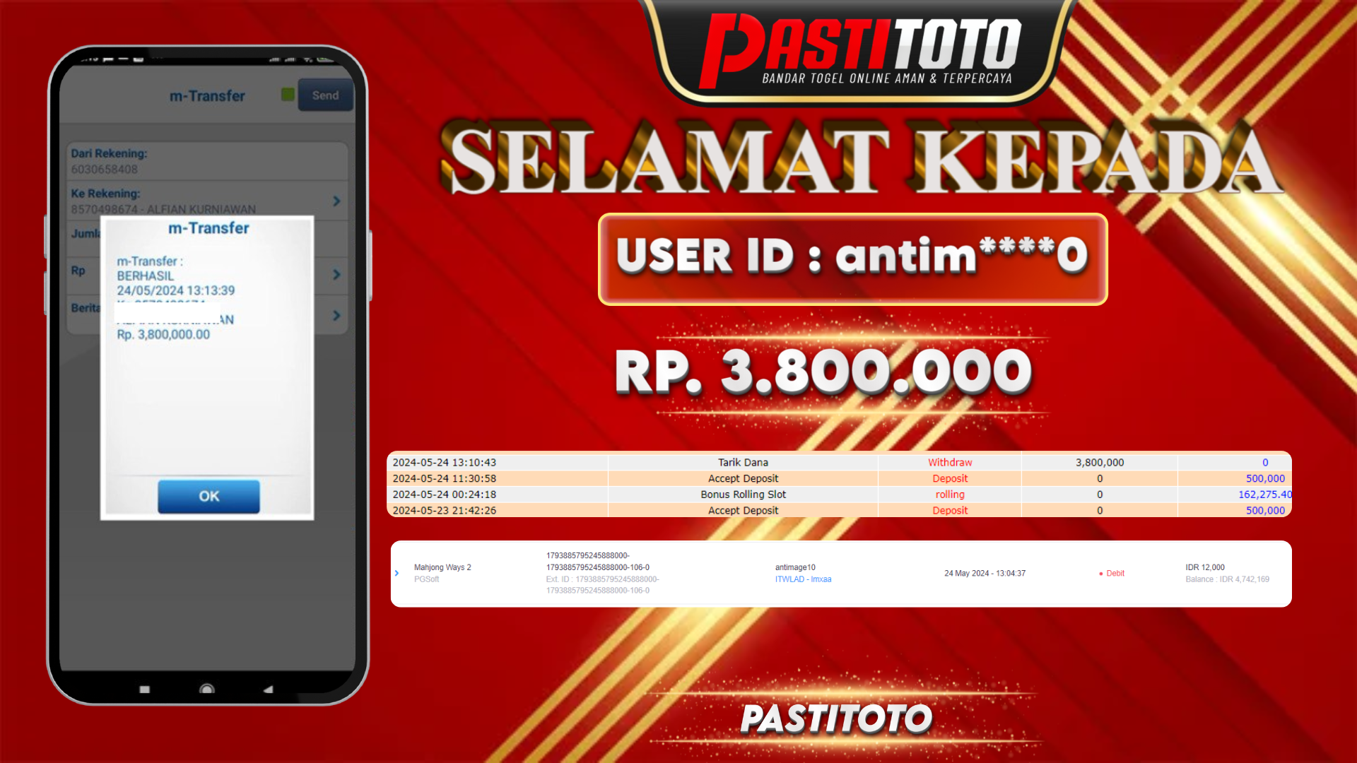 PASTITOTO JACKPOT SLOT GAME RP. 3.800.000,- LUNAS