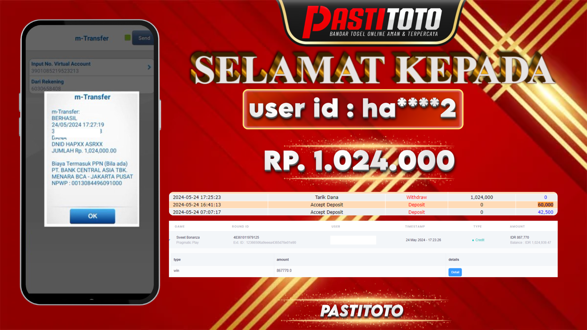 PASTITOTO JACKPOT SLOT GAME RP. 1.024.000,- LUNAS
