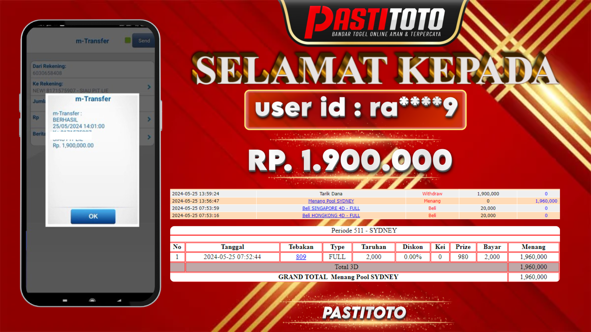 PASTITOTO JACKPOT TOGEL SYDNEY RP. 1.900.000,- LUNAS