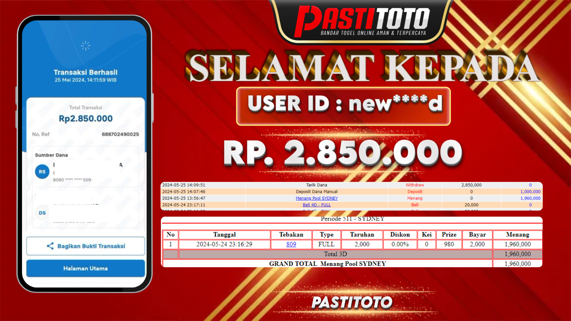 PASTITOTO JACKPOT TOGEL SYDNEY RP. 2.850.000,- LUNAS