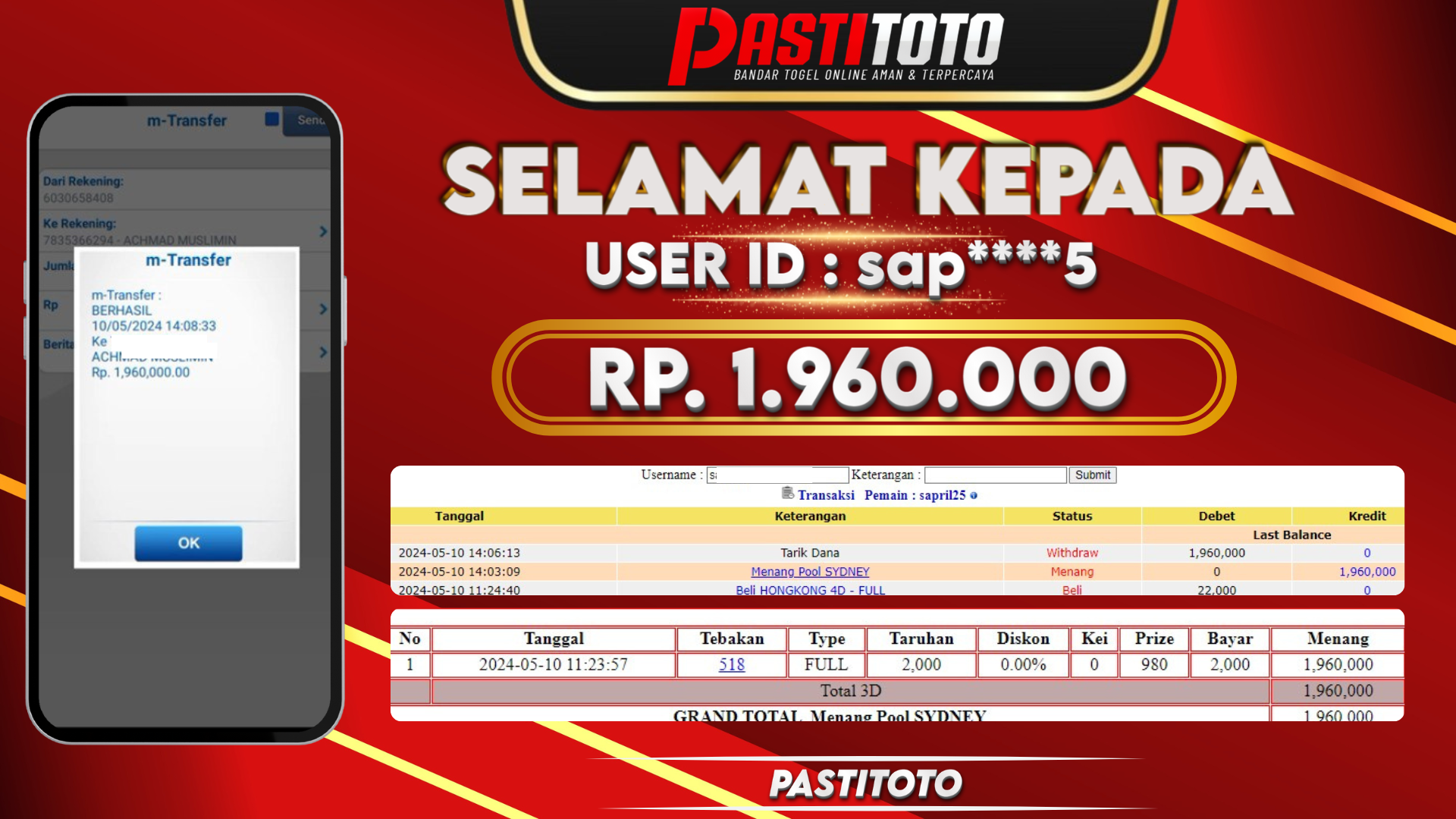 PASTITOTO JACKPOT TOGEL SYDNEY RP. 1.960.000,- LUNAS