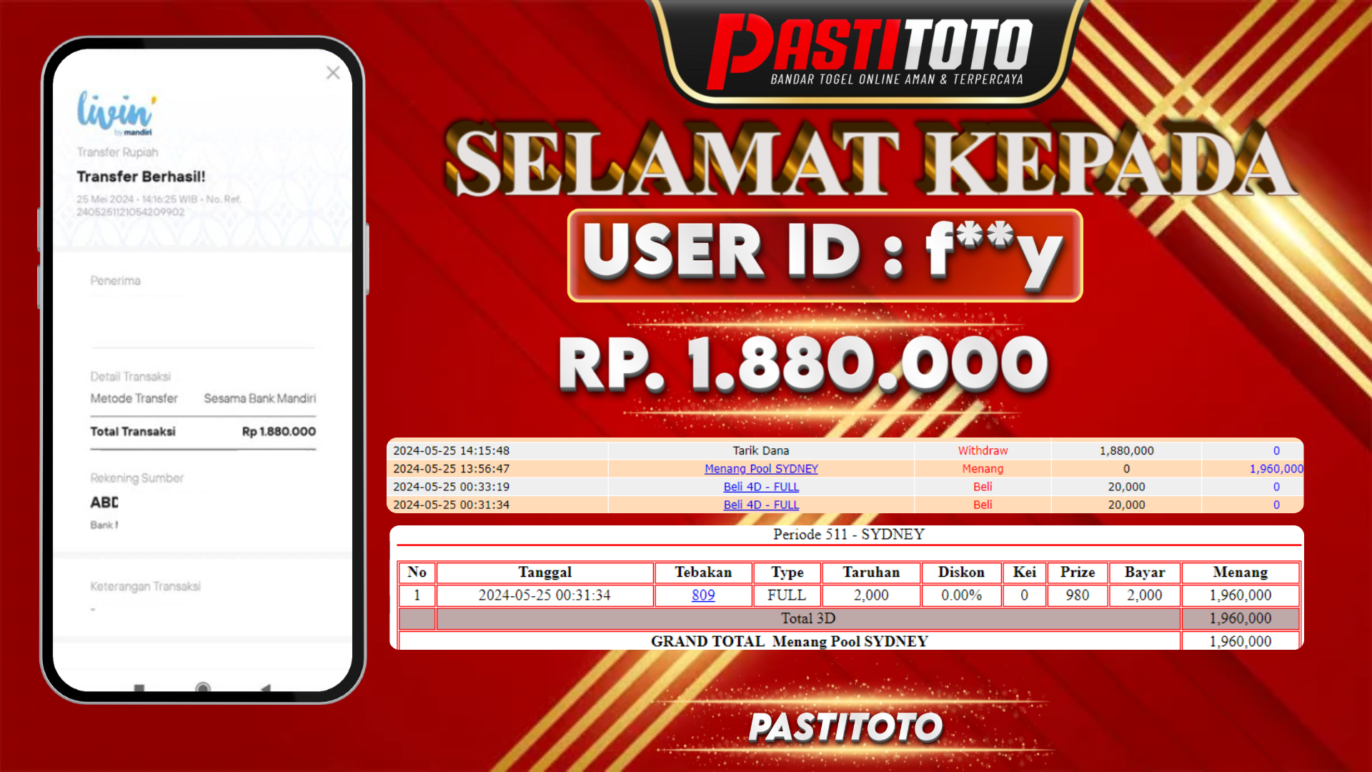PASTITOTO JACKPOT TOGEL SYDNEY RP. 1.880.000,- LUNAS