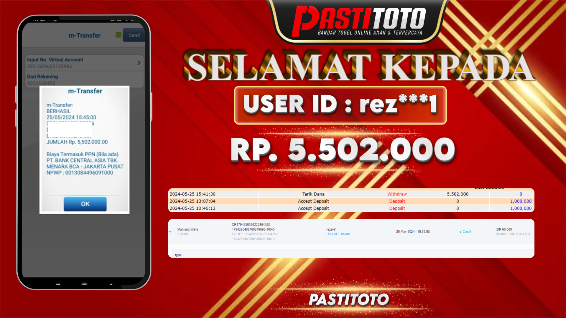 PASTITOTO JACKPOT SLOT GAME RP. 5.502.000,- LUNAS