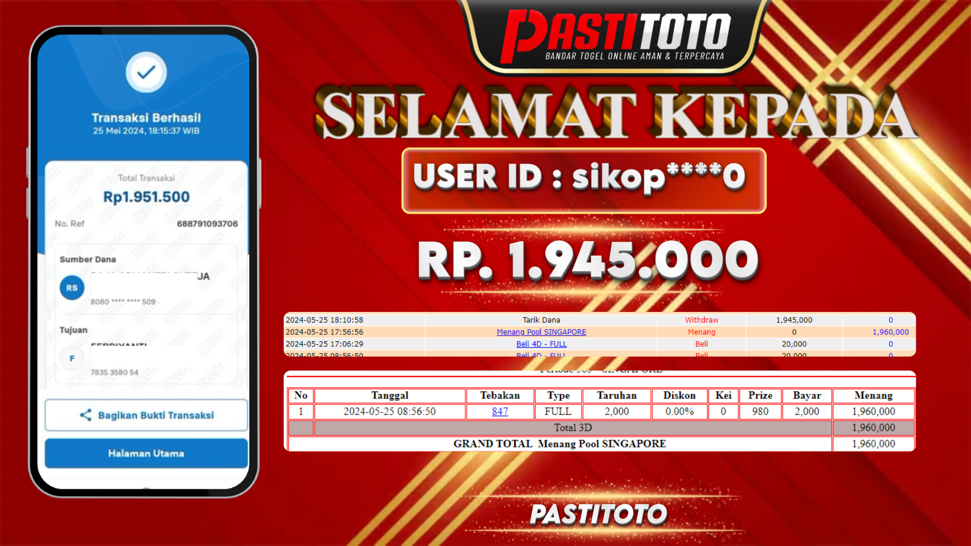 PASTITOTO JACKPOT TOGEL SINGAPORE RP. 1.945.000,- LUNAS