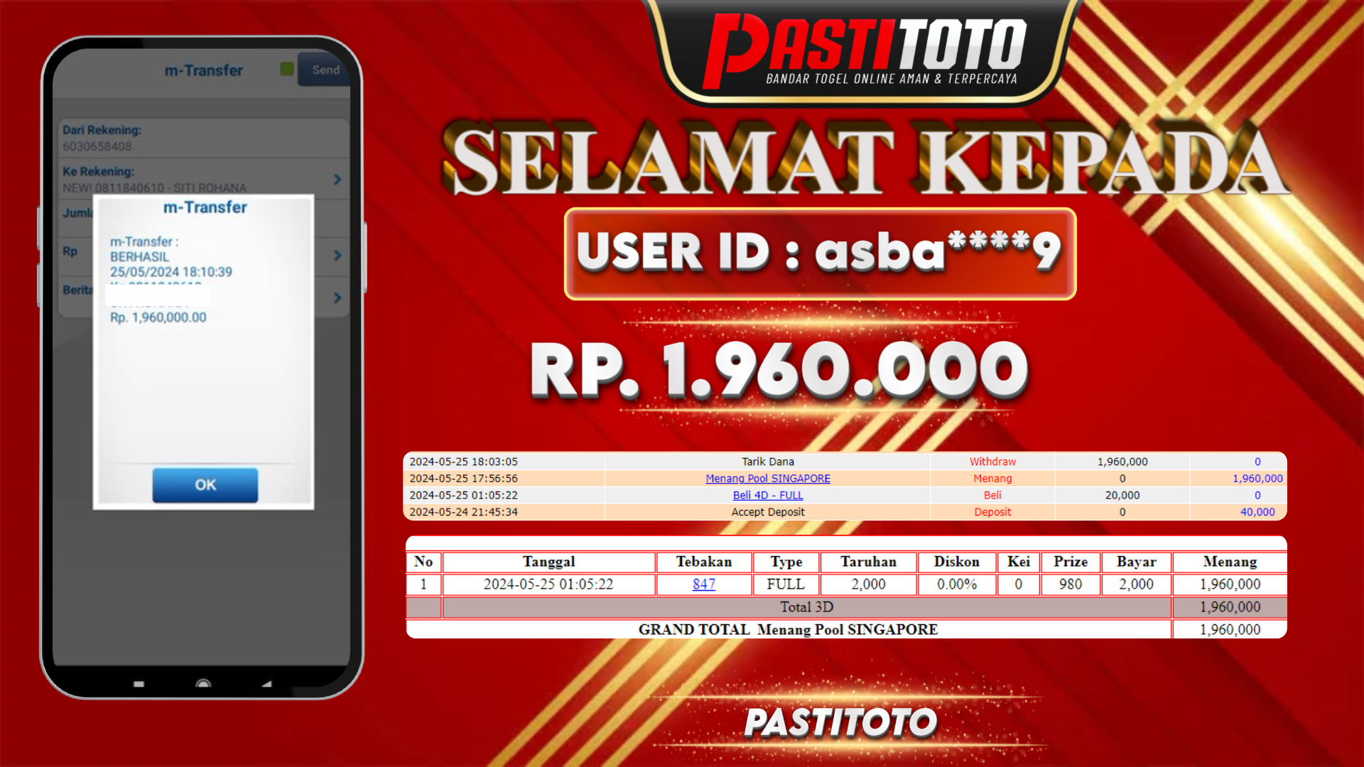 PASTITOTO JACKPOT TOGEL SINGAPORE RP. 1.960.000,- LUNAS