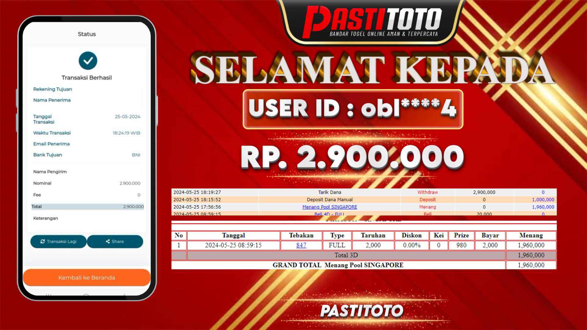 PASTITOTO JACKPOT TOGEL SINGAPORE + HADIAH LOMBA TOGEL RP. 2.900.000,- LUNAS