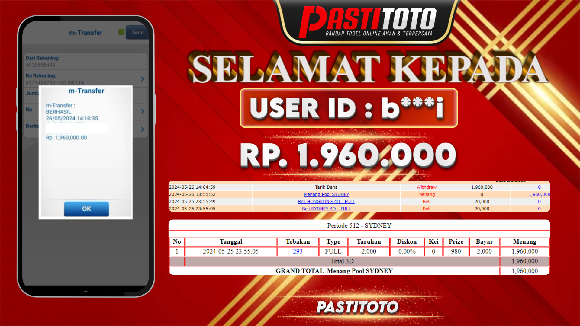 PASTITOTO JACKPOT TOGEL SYDNEY RP. 1.960.000,- LUNAS