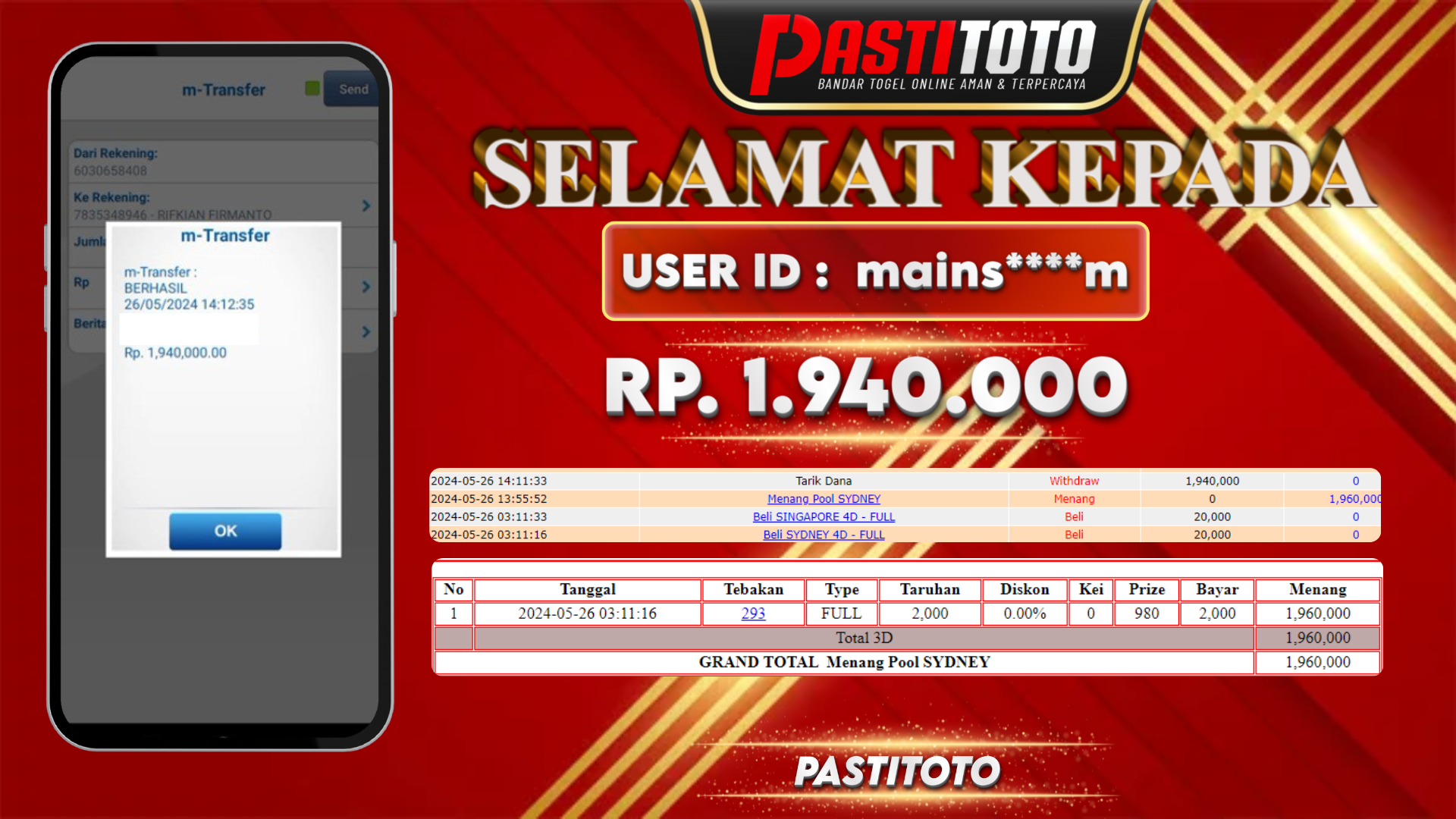 PASTITOTO JACKPOT TOGEL SYDNEY RP. 1.940.000,- LUNAS