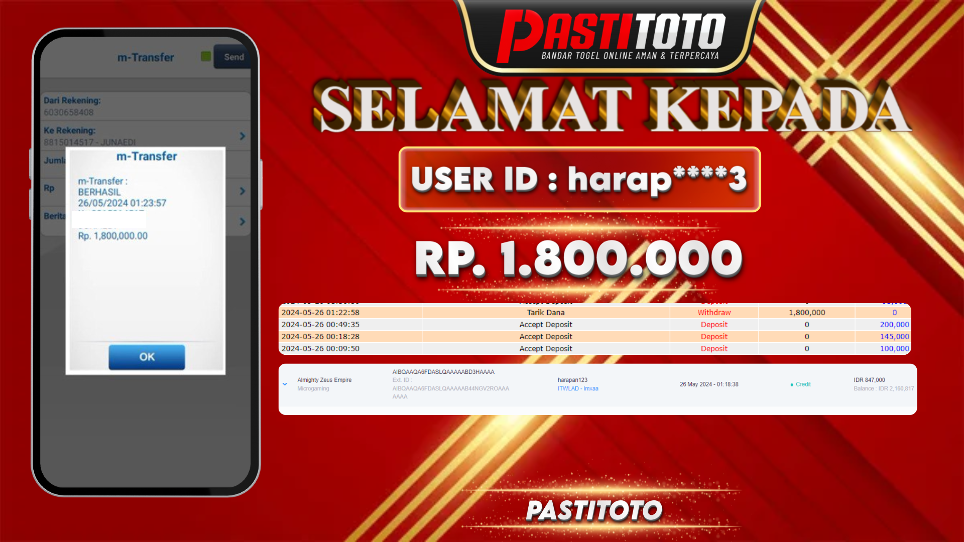 PASTITOTO JACKPOT SLOT GAME RP. 1.800.000,- LUNAS