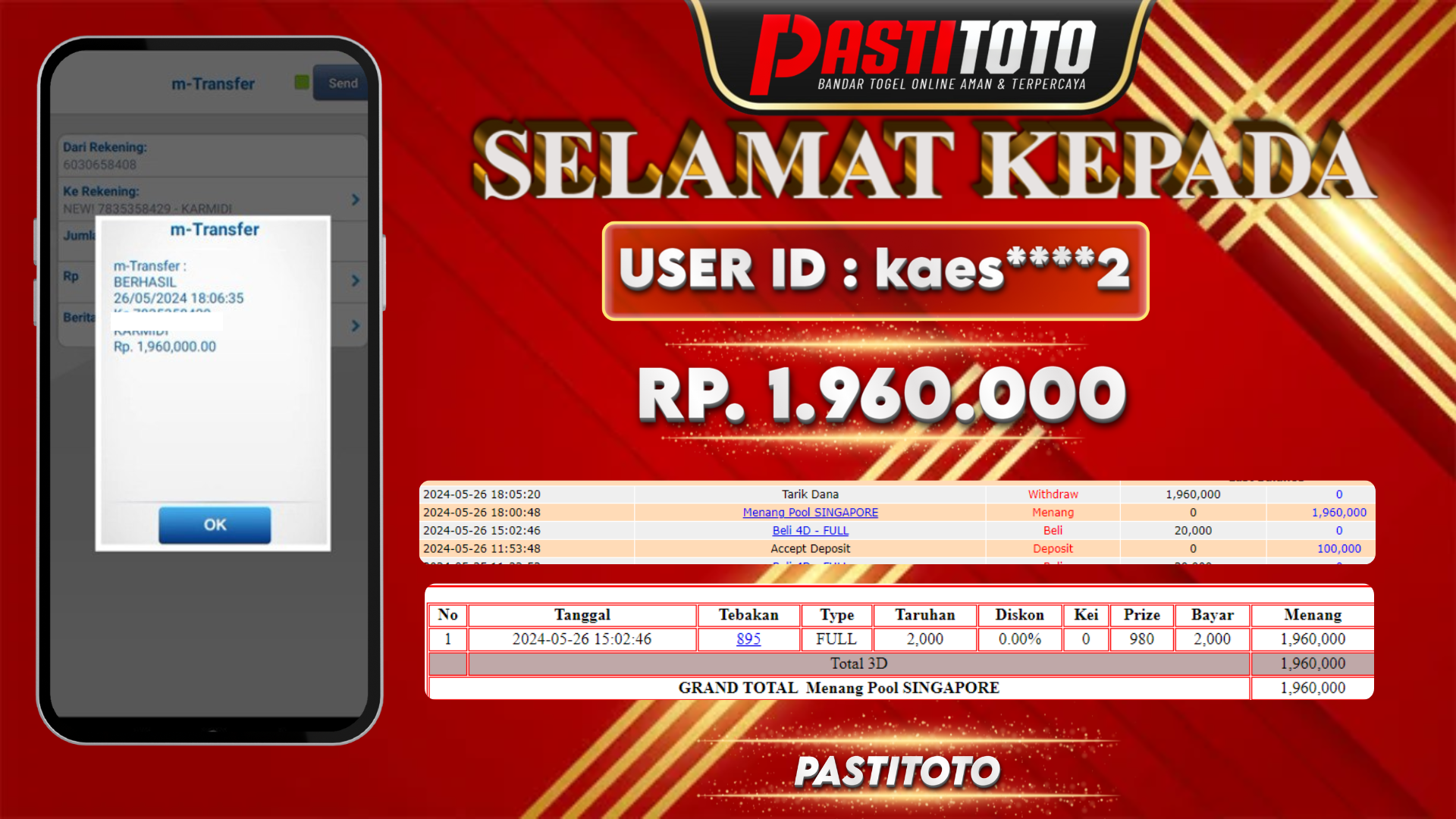 PASTITOTO JACKPOT TOGEL SINGAPORE RP. 1.960.000,- LUNAS
