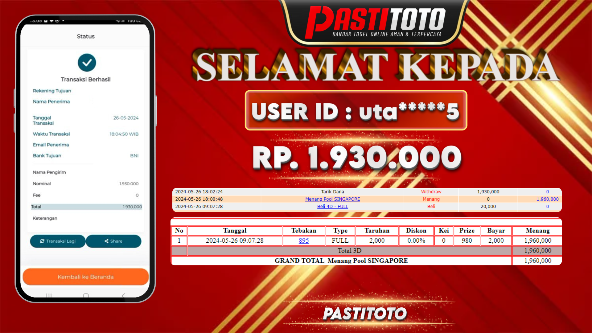 PASTITOTO JACKPOT TOGEL SINGAPORE RP. 1.930.000,- LUNAS