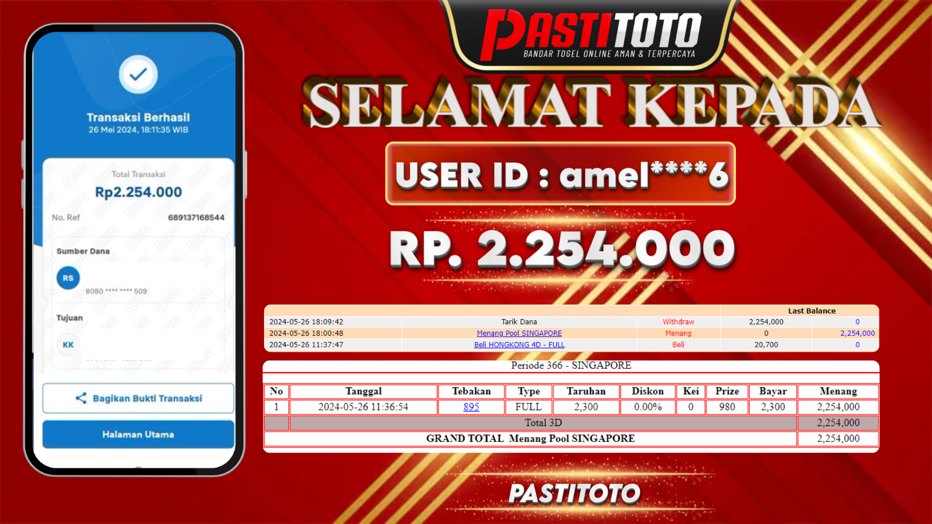 PASTITOTO JACKPOT TOGEL SINGAPORE RP. 2.254.000,- LUNAS