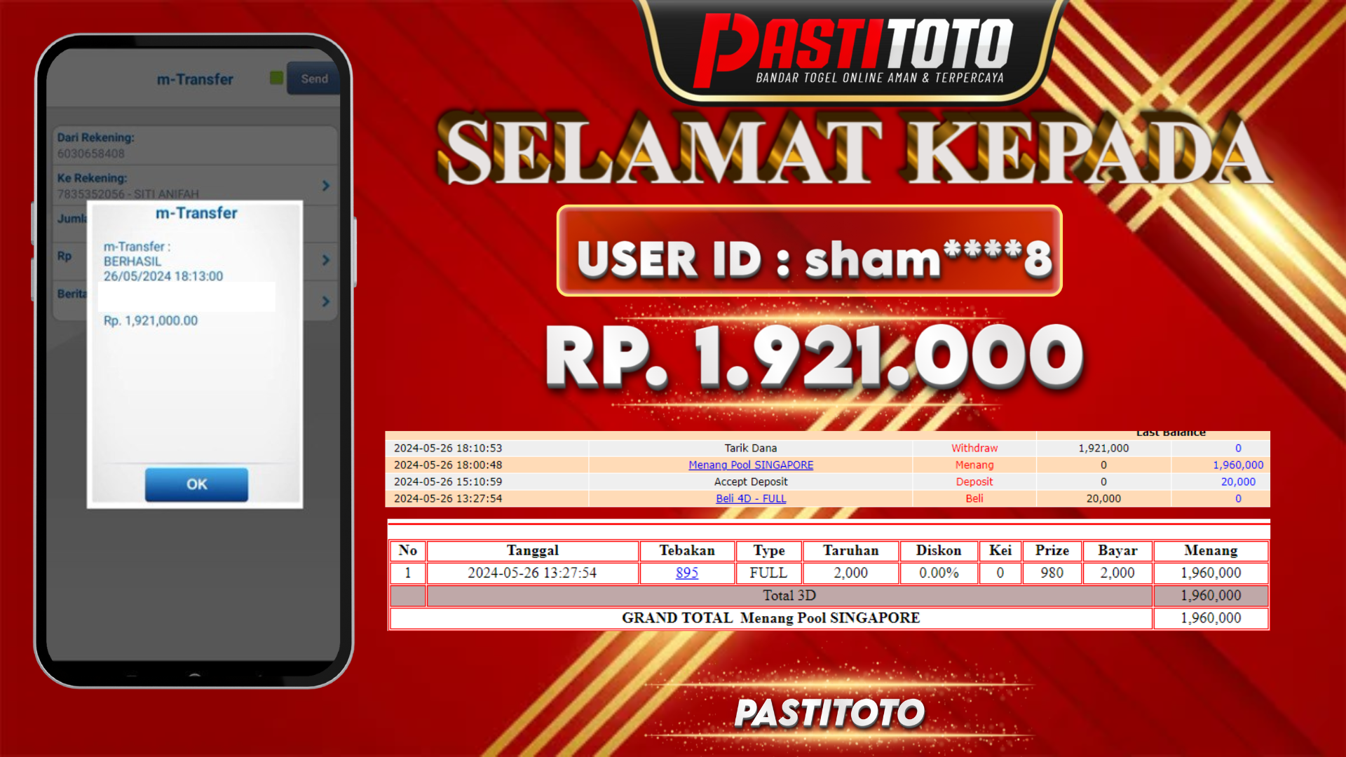 PASTITOTO JACKPOT TOGEL SINGAPORE RP. 1.921.000,- LUNAS