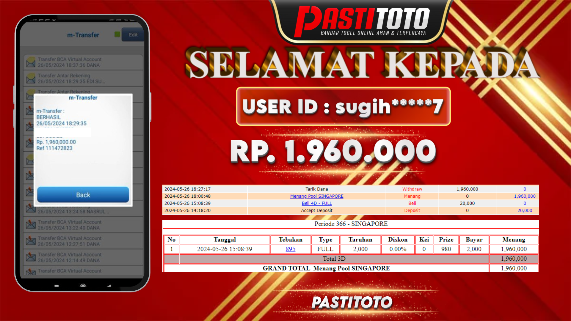 PASTITOTO JACKPOT TOGEL SINGAPORE RP. 1.960.000,- LUNAS