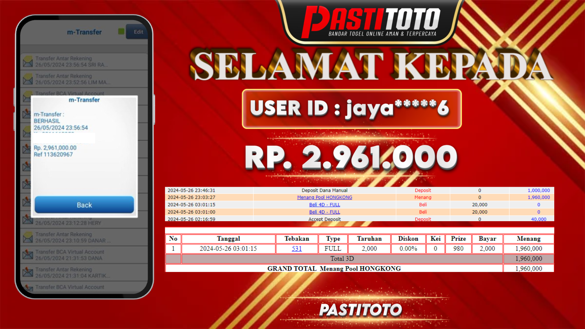 PASTITOTO JACKPOT TOGEL HONGKONG RP. 2.961.000,- LUNAS