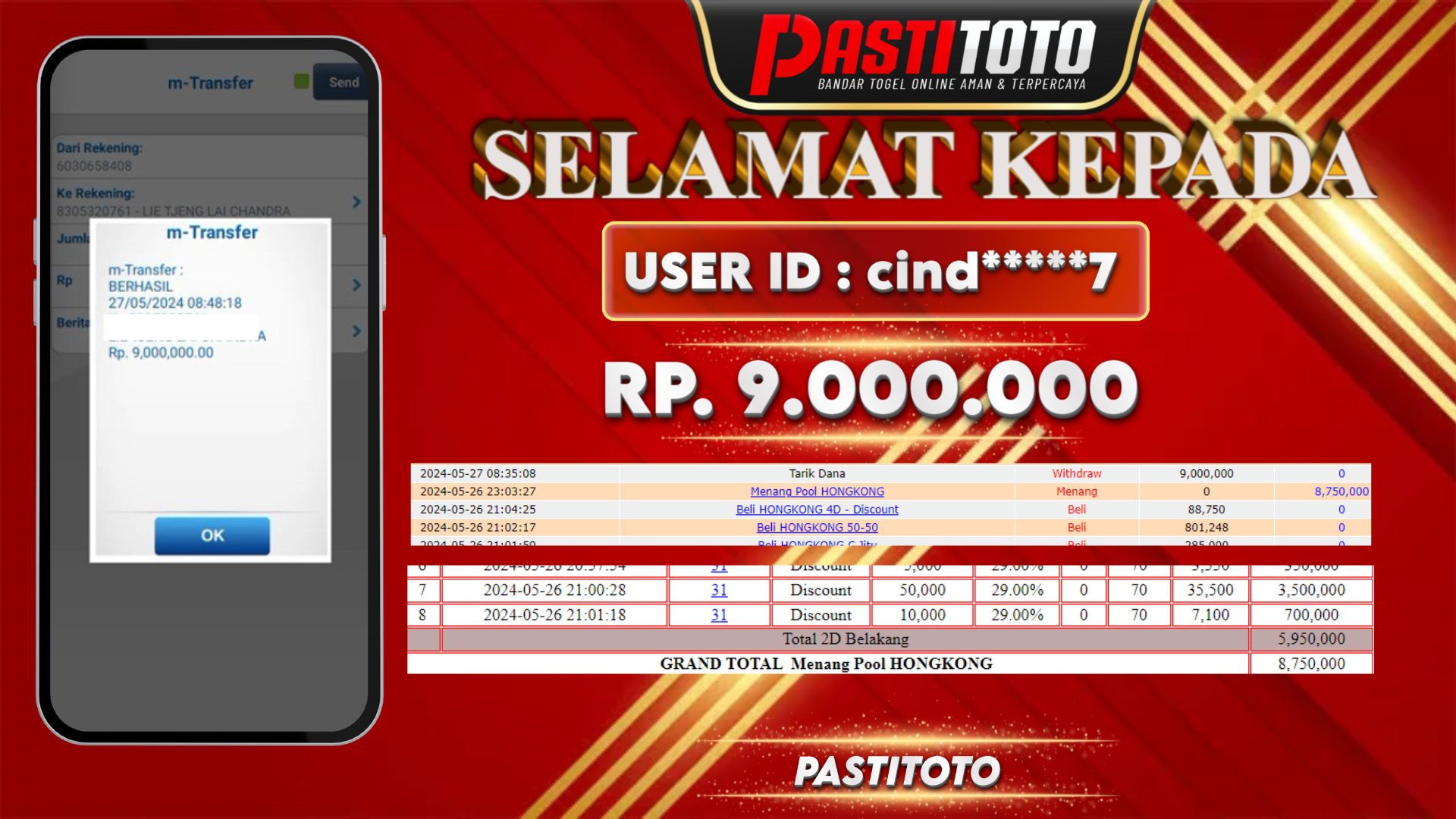 PASTITOTO JACKPOT TOGEL HONGKONG RP. 9.000.000,- LUNAS