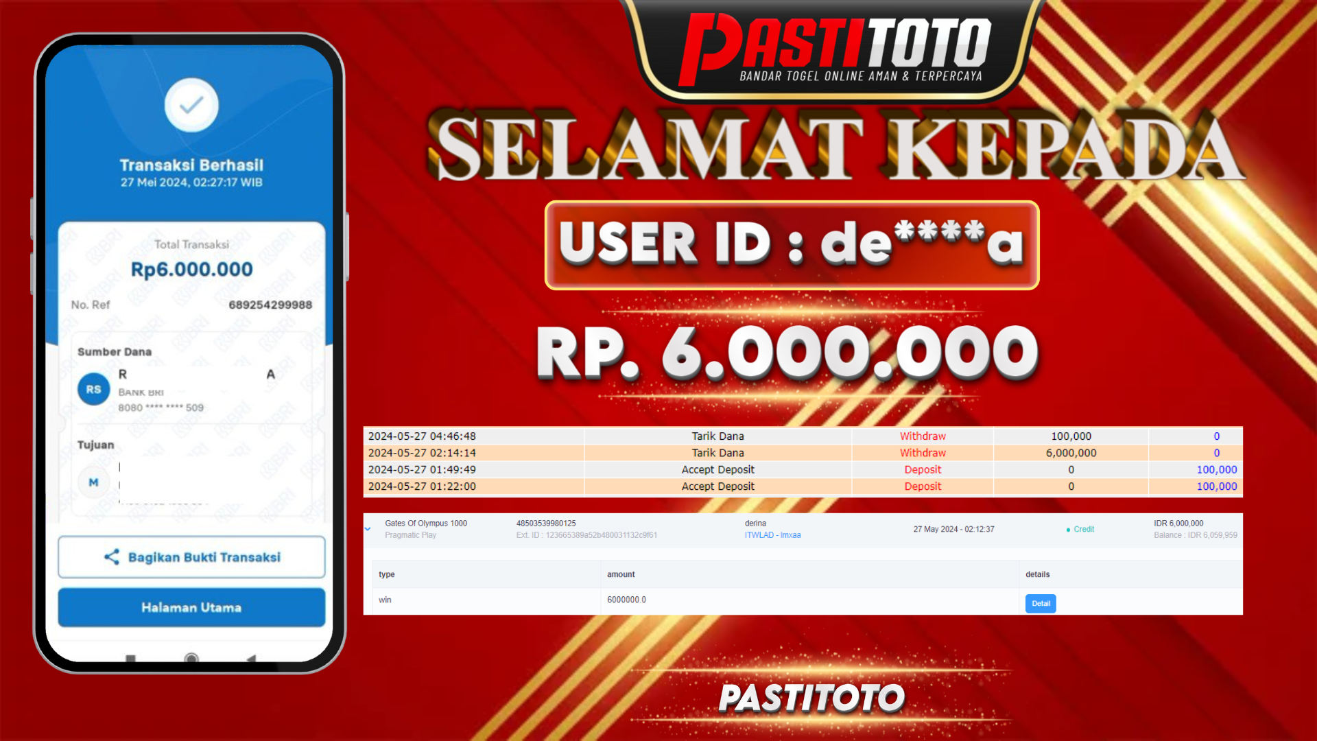 PASTITOTO JACKPOT SLOT GAME RP. 6.000.000,- LUNAS