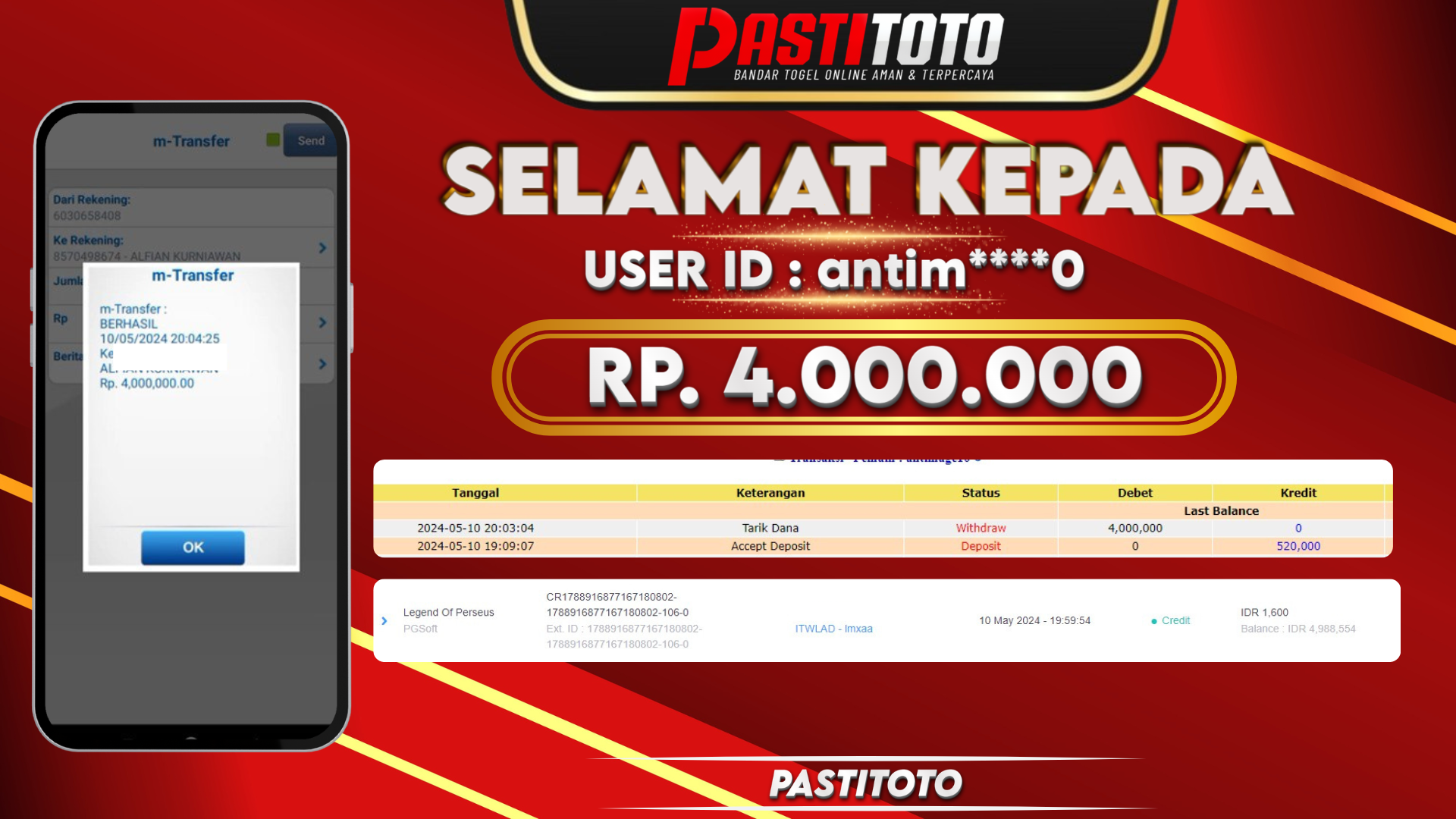 PASTITOTO JACKPOT SLOT GAME RP. 4.000.000,- LUNAS