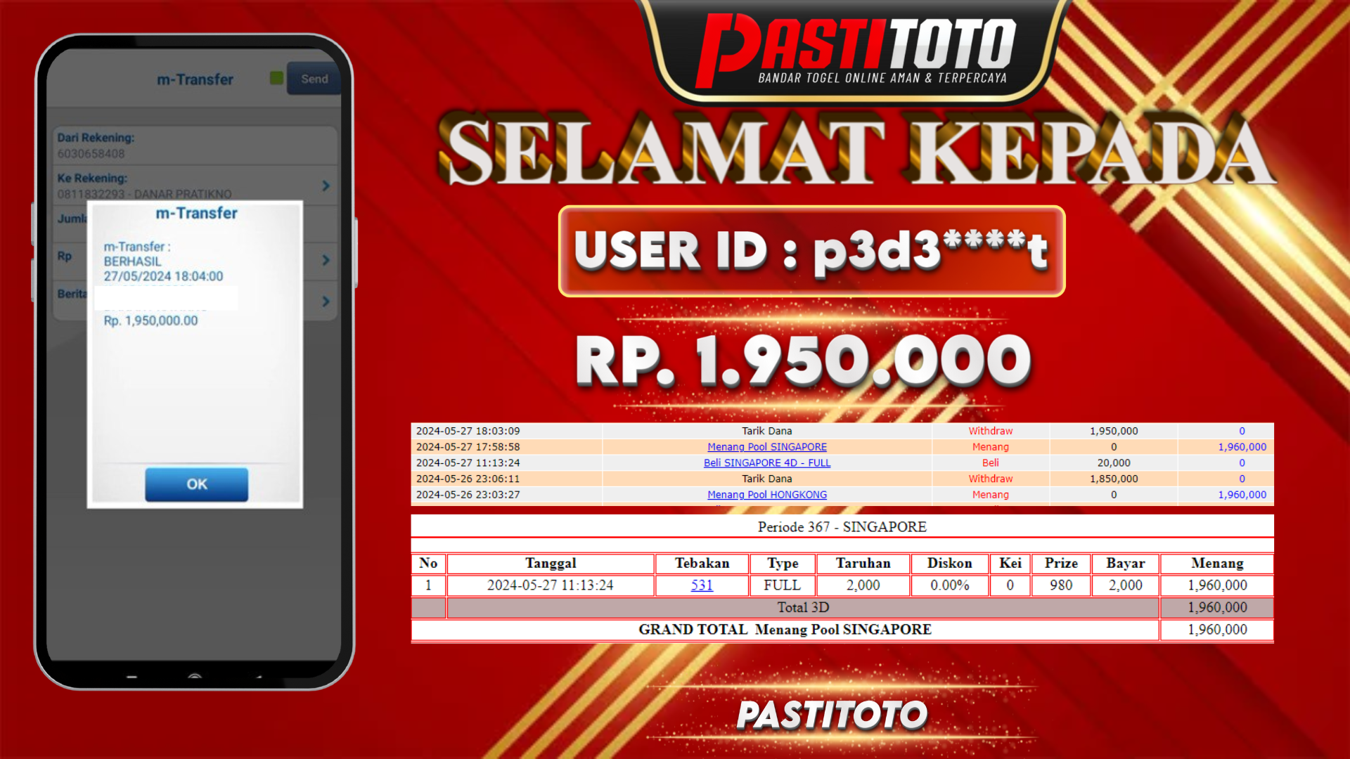 PASTITOTO JACKPOT TOGEL SINGAPORE RP. 1.950.000,- LUNAS