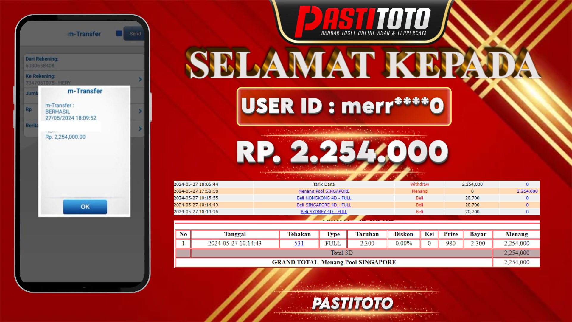 PASTITOTO JACKPOT TOGEL SINGAPORE RP. 2.254.000,- LUNAS