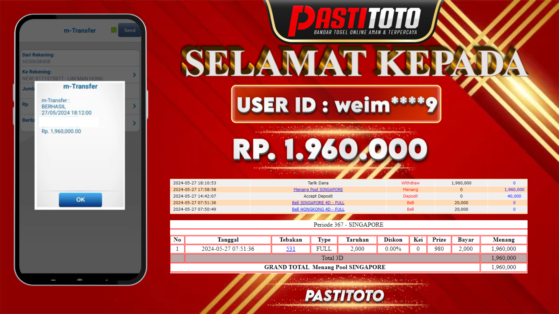 PASTITOTO JACKPOT TOGEL SINGAPORE RP. 1.960.000,- LUNAS
