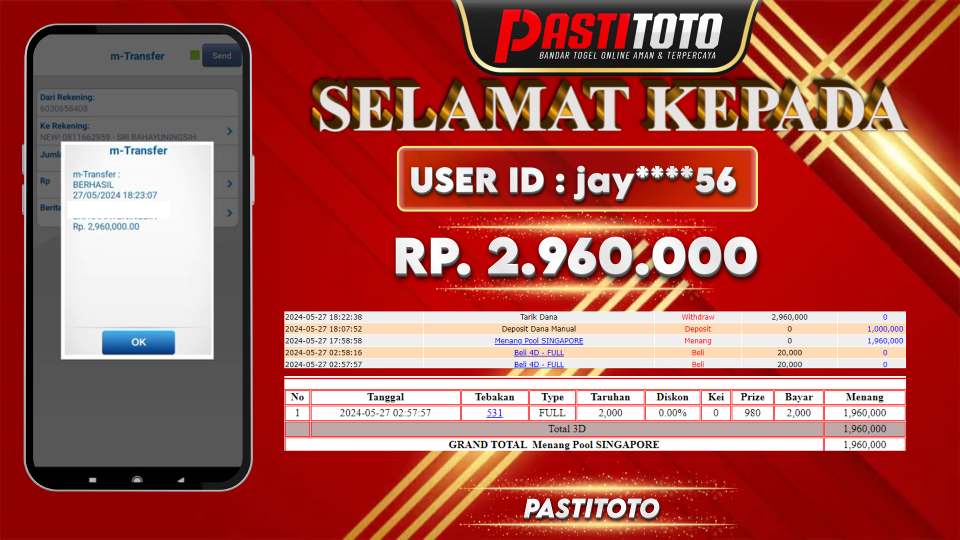 PASTITOTO JACKPOT TOGEL SINGAPORE + HADIAH LOMBA TOGEL RP. 2.960.000,- LUNAS