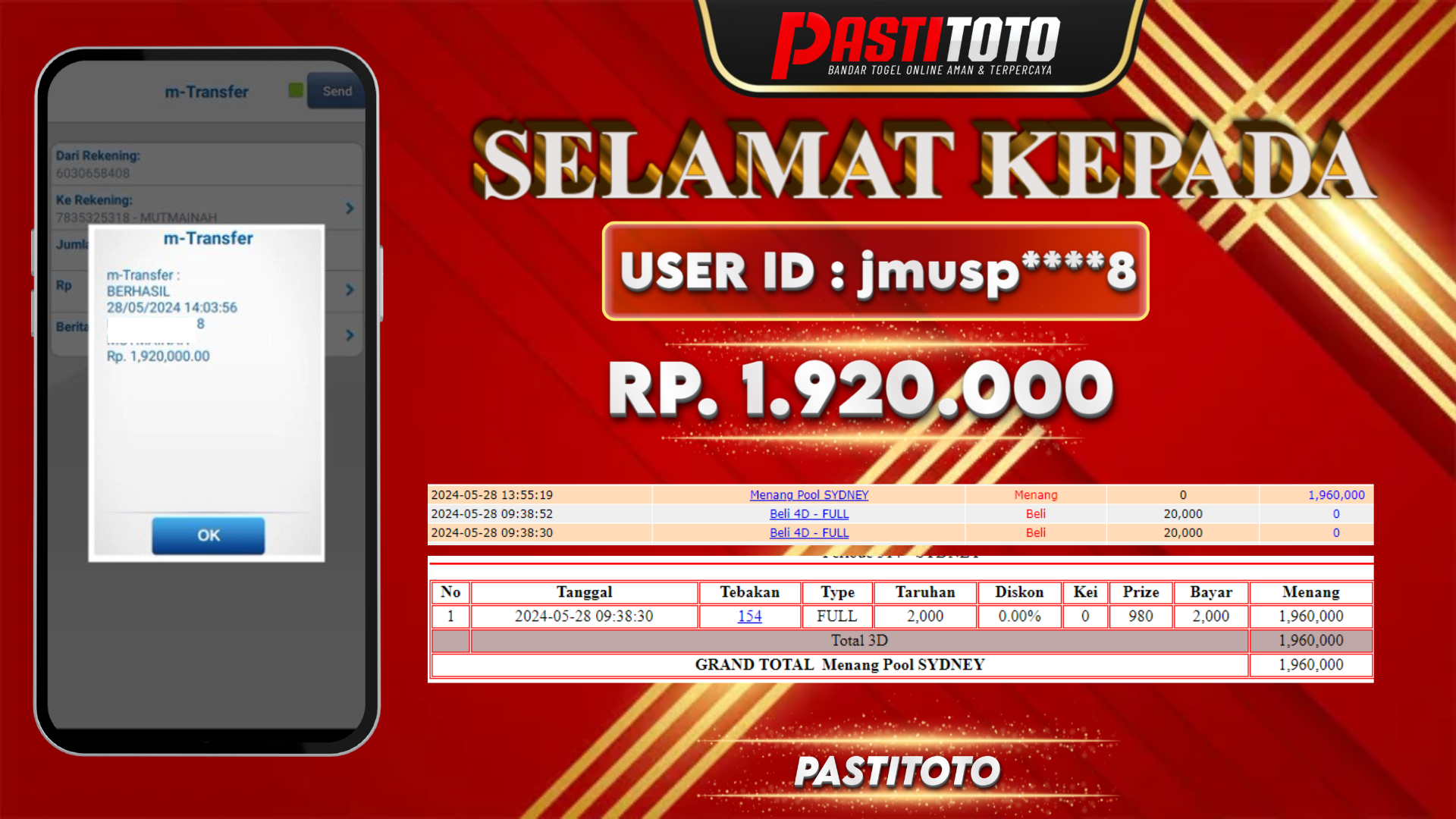 PASTITOTO JACKPOT TOGEL SYDNEY RP. 1.920.000,- LUNAS