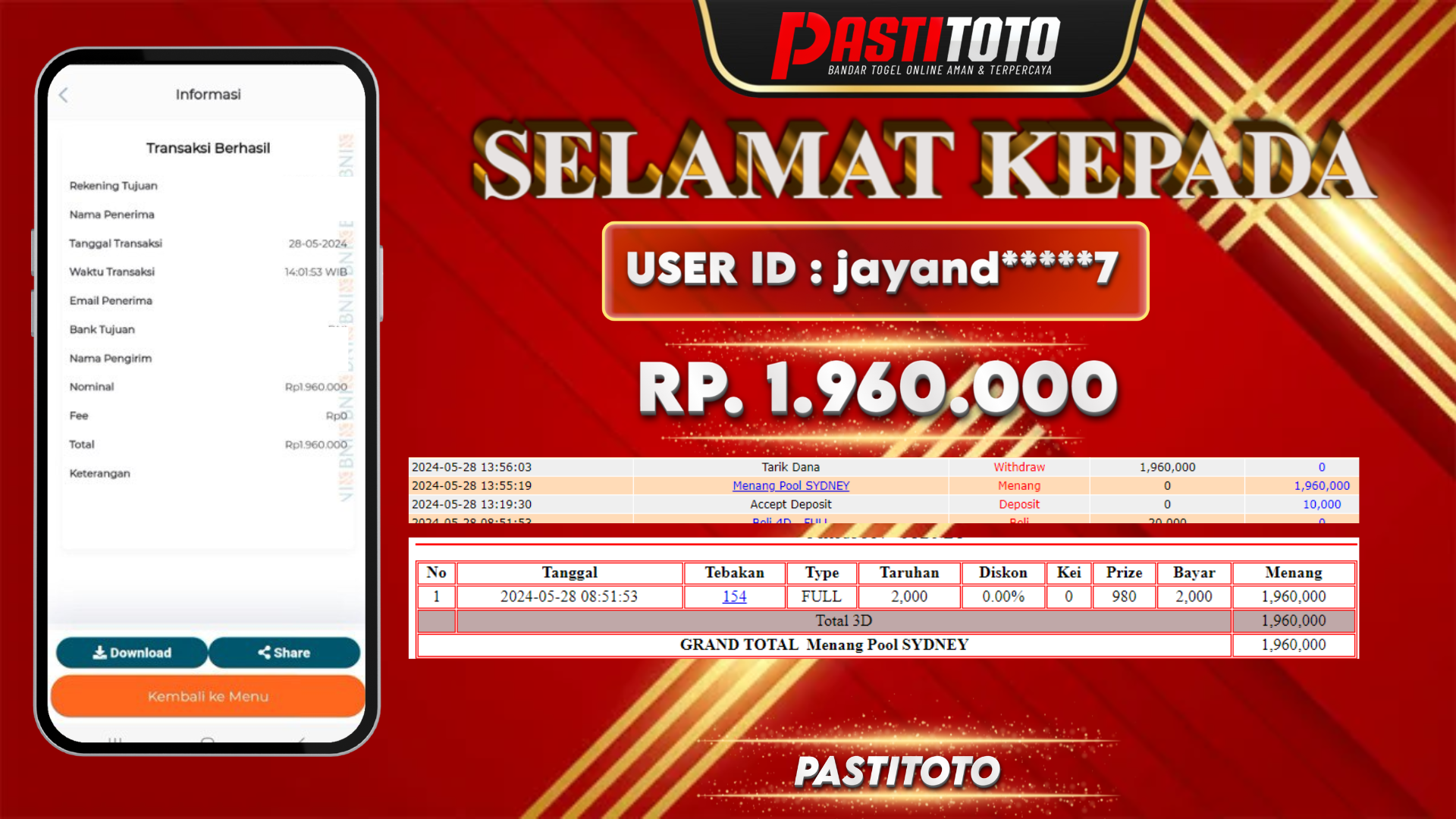 PASTITOTO JACKPOT TOGEL SYDNEY RP. 1.960.000,- LUNAS